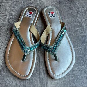 I love JC Leather Beaded Flip Flops Size 11 Blue Silver